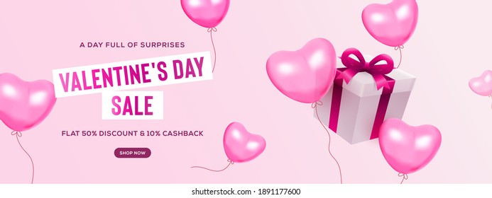 Creative valentine's day sale banner. Romantic composition with hearts and realistic gift box. Vector illustration. Wallpaper, flyers, invitation, posters, brochure, banners, ads, coupons, promotional