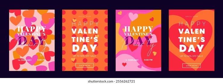 Creative Valentine's Day Set. Modern Art Geometric Hearts and Typography Templates for Party Design, Advertising, Social Media, Posters, Banners, and Covers. Sale Offer 50%.