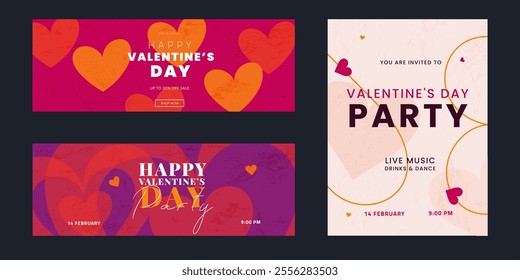 Creative Valentine's Day Set. Modern Art Geometric Hearts and Typography Templates for Party Design, Advertising, Social Media, Posters, Banners, and Covers. Sale Offer 50%.