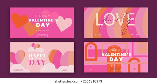 Creative Valentine's Day Set. Modern Art Geometric Hearts and Typography Templates for Party Design, Advertising, Social Media, Posters, Banners, and Covers. Sale Offer 50%.