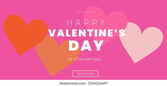 Creative Valentine's Day Set. Modern Art Geometric Hearts and Typography Templates for Party Design, Advertising, Social Media, Posters, Banners, and Covers. Sale Offer 50%.