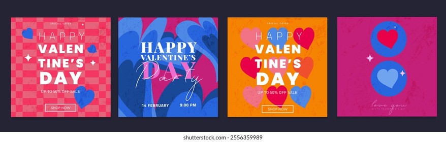 Creative Valentine's Day Set. Modern Art Geometric Hearts and Typography Templates for Party Design, Advertising, Social Media, Posters, Banners, and Covers. Sale Offer 50%.