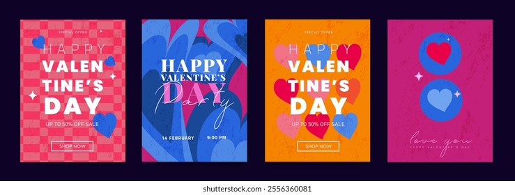 Creative Valentine's Day Set. Modern Art Geometric Hearts and Typography Templates for Party Design, Advertising, Social Media, Posters, Banners, and Covers. Sale Offer 50%.