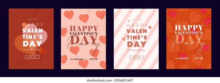 Creative Valentine's Day Set. Modern Art Geometric Hearts and Typography Templates for Party Design, Advertising, Social Media, Posters, Banners, and Covers. Sale Offer 50%.