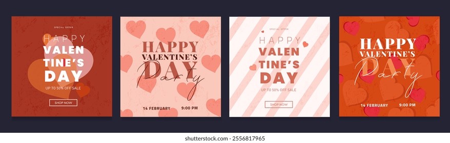 Creative Valentine's Day Set. Modern Art Geometric Hearts and Typography Templates for Party Design, Advertising, Social Media, Posters, Banners, and Covers. Sale Offer 50%.