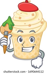 A creative vanilla ice cream artist mascot design style paint with a brush