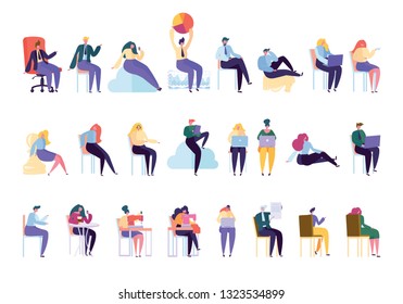 Creative Various People Professional Character Set. Businessman Work Sit on Chair Isolated. Woman Work Dressmaker Knitting Machine. Businesswoman Manager Collection Flat Cartoon Vector Illustration