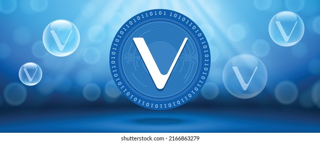 Creative VeChain (VET) Crypto Currency Coin With Symbol Of The Virtual Electronic Cash. Vector Illustration Template For Banners, Web Backgrounds And Wallpaper Design. 