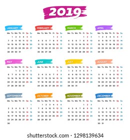 Creative vector 2019 calendar weeks start from monday