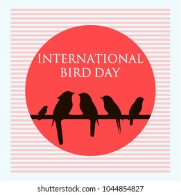 Creative vector abstract background for International Bird Day. Concept illustration with red circle and birds silhouette.