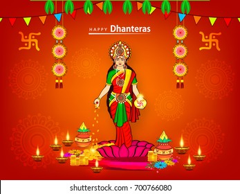 Creative vector abstract for Happy Dhanteras with nice and creative Goddess Maa Lakshmi Illustration on Holy Lotus with Golden Shiny pot or Kalash on abstract Diwali festival celebration Background