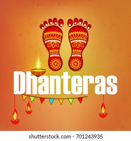 Creative vector abstract for Happy Dhanteras with nice and creative Goddess Maa Lakshmi Charan on line art or Floral design on Shiny golden background for Happy Diwali with text and Diya 