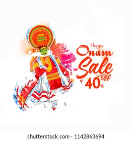 Creative vector abstract sale banner, poster for  Happy Onam festival of South India Kerala with  kathakali dance in Onam celebration. 