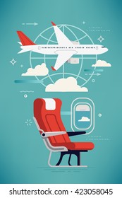 Creative Vector Airline Travel, Business Trip, Vacation Journey Concept Illustration With Cabin Seat And Window, Airliner Jet Plane And World Globe Linear Icon. Travel Background. Airway Trip