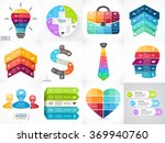 Creative vector arrows infographics set, diagrams, graphs, charts. 3, 4, 5, 6, 7, 8 cycle options, parts, steps. Human head, idea light bulb, plus sign, businessman bag, tie, heart, stairs infographic