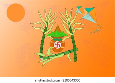 Arte vectorial creativo del festival indio Makar Sankranti, Pongal, Uttarayan, Lohari. esvástica de color rojo sobre kalash de color marrón, cometas coloridas, caña de azúcar, sol naranja sobre fondo de color naranja.