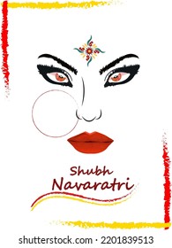 creative vector art of shubh navaratri. Indian hindu goddess facial art, cinnabar color eyes, rich black fogra 29 color eyebrows and eyeshadow, vermillion color nose ring and lips on white background.