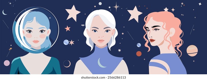 Creative vector artwork representing Cancer, Gemini, and Taurus with a cosmic aesthetic. A captivating design for horoscope-related content and artistic projects