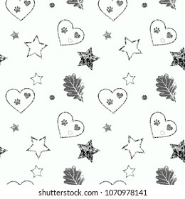 Creative vector baby background with dog paw seamless with heart, oak leaf and star eps
