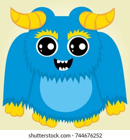 Creative vector background with a big blue fluffy monster like a yeti, yellow horns and cute eyes, halloween. Funny  wallpaper for textile and fabric.Fashion style.Colorful bright picture for children