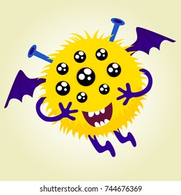 Creative vector background with a big blue fluffy monster like a yeti, yellow horns and cute eyes, halloween. Funny wallpaper for textile and fabric.Fashion style.Colorful bright picture for children