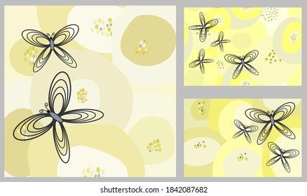 Creative vector background of butterflies as storyboard template cards flyers, advertisement promotion, Boucher. Yellow shades  warm colours artwork illustration. Collection set 