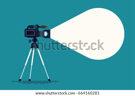 Creative vector background with camera on tripod and decorative empty text container. Ideal for journalism, video recording or film making themed graphic or web design