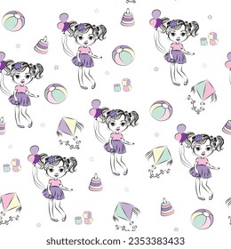 Creative vector background with a girl and children's toys. Cute wallpaper for textiles and fabrics. Fashionable style. 