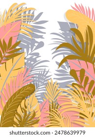 Creative vector background illustration featuring silhouettes of tropical leaves in pastel tones, perfect for digital design, branding, and other creative projects