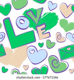 Creative vector background is made up of hearts and love text in green and violet colors. It can be used to create prints, packaging, invitations, simple designs.