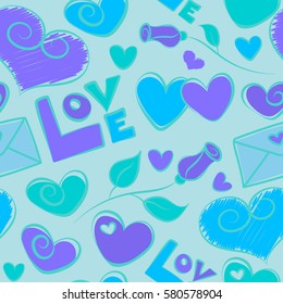 Creative vector background is made up of hearts, flower and love letter over blue backdrop.
