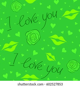 Creative vector background is made up of rose flower, hearts and love text in green colors. It can be used to create prints, packaging, invitations, simple designs.