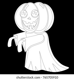 Creative vector background with a pretty ghost with a head instead of a pumpkin halloween. Funny wallpaper for textile and fabric. Fashion style. Monochrome color, black and white