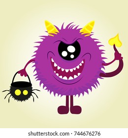 Creative vector background with purple fluffy monster, with horns and a tail, basket for sweets in the form of a skull halloween. Funny purple fluffy monster wallpaper for textile.