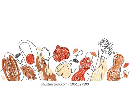  Creative Vector Background with Various Nuts and Seeds. Can be yused as border, backdrop, label, banner, flyer, card, business promote, cover, texture in your design works. Seamless pattern.