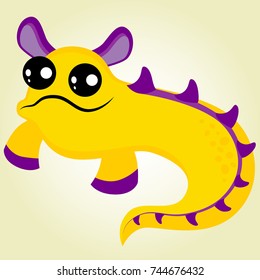 Creative vector background with a yellow purple monster, with big eyes and ears, like a salamander, halloween. Funny monster wallpaper for textile and fabric.Fashion monster style.