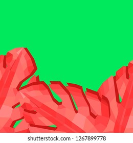 Creative vector banner with monstera leaves in coral color on green background.