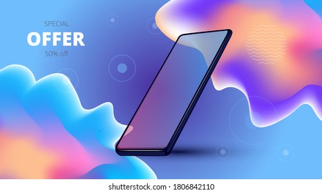 
creative vector banner with multicolored bright clouds and mobile phone