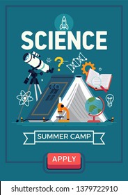 Creative vector banner or poster template on Summer Science Camp for kids featuring open book in shape of camping tent and cool science gear, elements and symbols