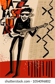 creative vector of bass guitar player. with stylized guitarist  figure, textured background and text jazz bass guitar. great poster for jazz concert and festival.