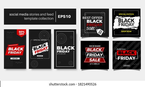 Creative vector black friday sale social media post template and feed banner collection, good for insta stories, feed post, etc.