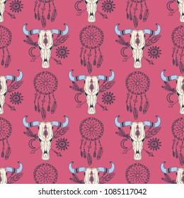 Creative vector boho style frames mady ethnic feathers arrows and floral elements seamless pattern background illustration.