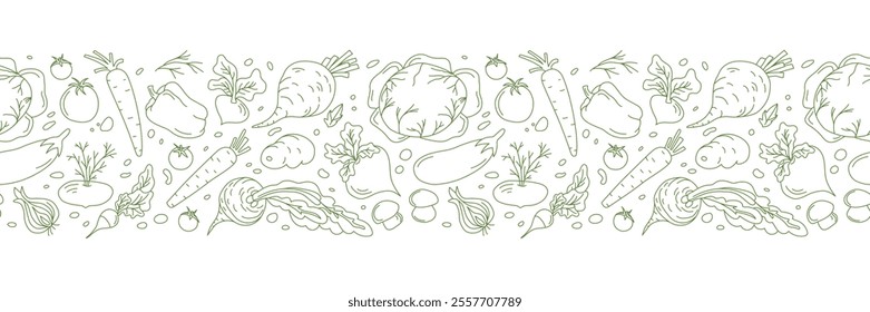 Creative vector border showing off monochrome vegetable groceries, all outlined in handmade doodle style. Transparent background, perfect for adding cozy culinary flair to any food orientated designs.