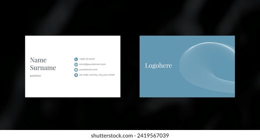 Creative vector business card design with blue background and lines, visiting card template, cutaway mockup, calling card ready for printing, identification card with icons for contact information
