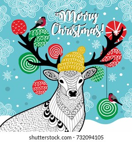 Creative vector card for Christmas. Vector illustration with deer in hat and bulfinch.
