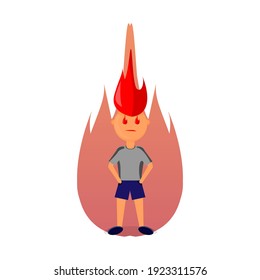 Creative vector character design of a man with hair and eyes like fire as if he is angry