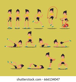 Creative vector character design on female fitness poses. Cool set of different exercise poses performed by young adult woman, flat design. Girl in the gym with skipping rope, bike and weights