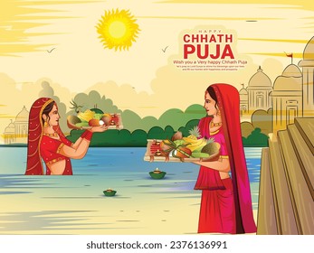 creative vector of Chhath Puja background with Indian Women doing prayer of God Sun and bathing in river.
