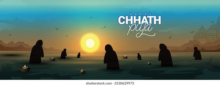 creative vector of Chhath Puja background with Indian Women doing prayer of God Sun and bathing in river.
