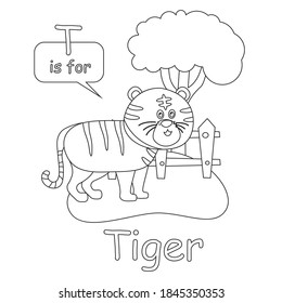 Creative vector childish Illustration. Animal alphabet t is for tiger with cartoon style. Childish design for kids activity colouring book or page.